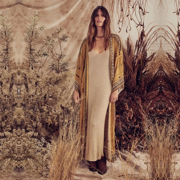 Mustard Tribal Aztec Western Self Tie Kimono Duster Wrap Bohemian Robe - Picture 6 of 8